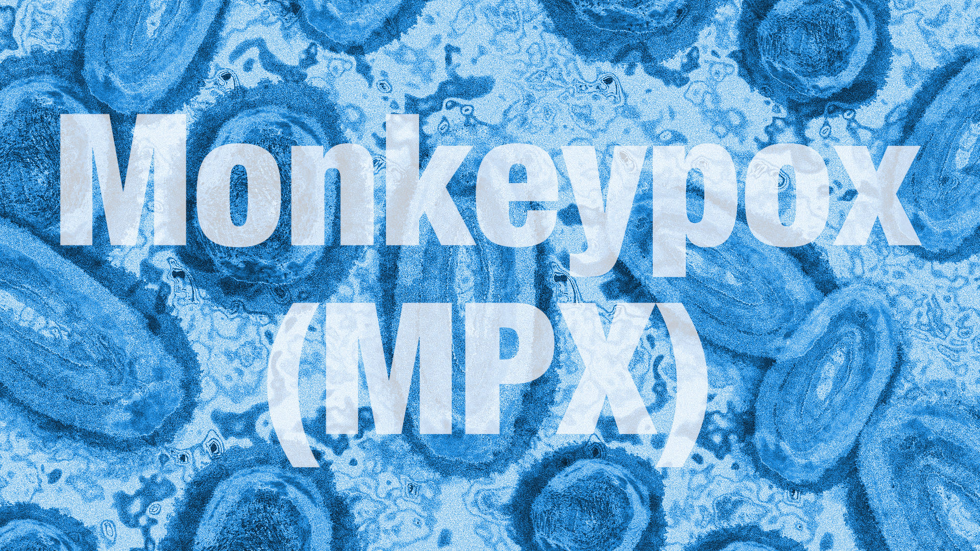 An artistic representation of the monkeypox virus on a blue background